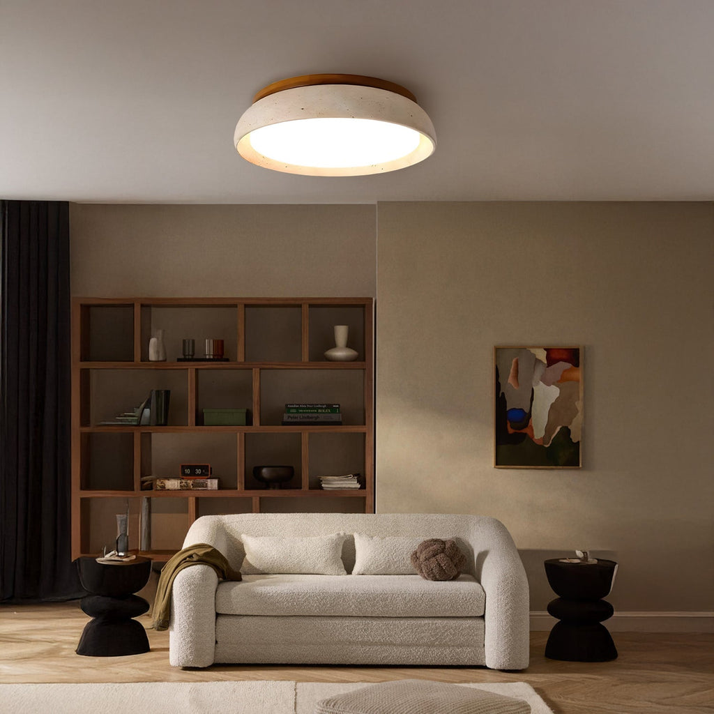 Scandinavian Ceiling Lamp Travertine with Wood Accent — Modern Round Surface-Mounted Spot Natural Stone and Acrylic Built-in LED Lighting Warm White 3000K Bedroom Hallway Entrance Living Room — Ø 30 cm × H 7 cm - Lamylie