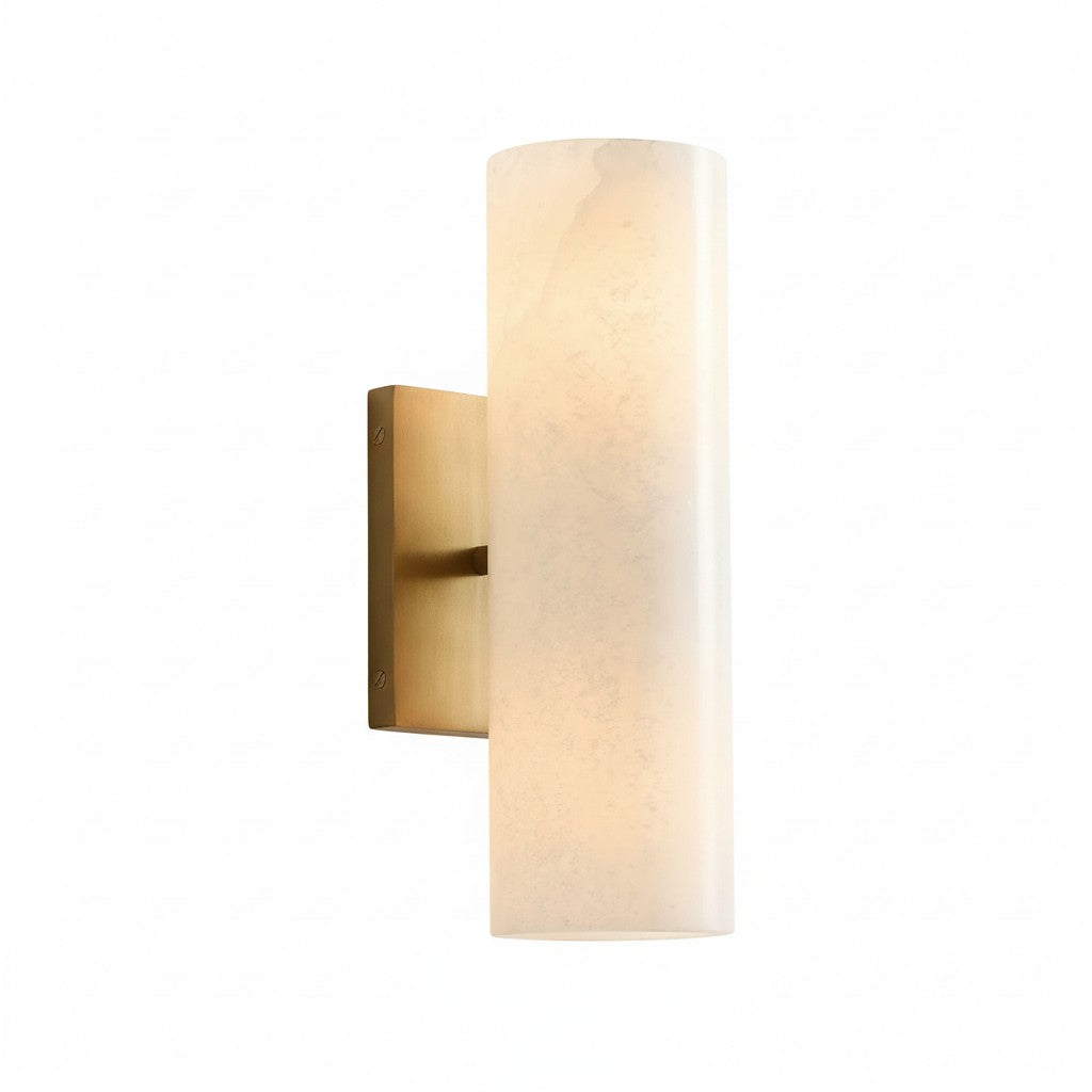 Cylindrical Wall Lamp with Natural Alabaster or Ribbed Glass Shade Bronze Nickel Brass - Lamylie