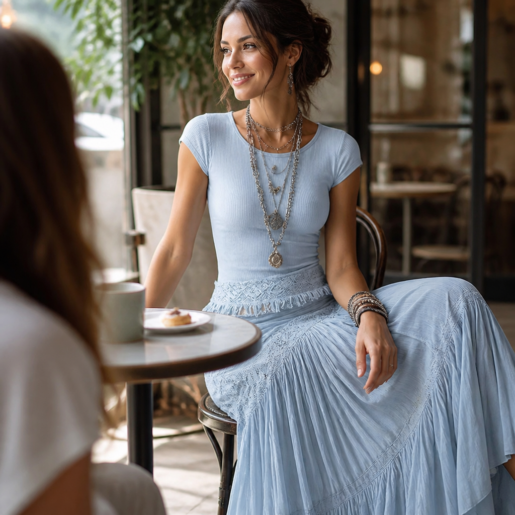 LumaSeren – boho souprava ze dvou dílů s vrstvenou maxi sukní s krajkovými panely - Lamylie