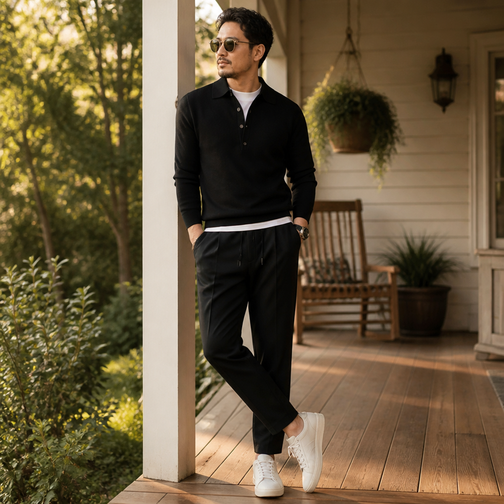 LuxeWave – Feinstrick-Poloshirt mit langen Ärmeln und Drei-Knopf-Leiste - Lamylie