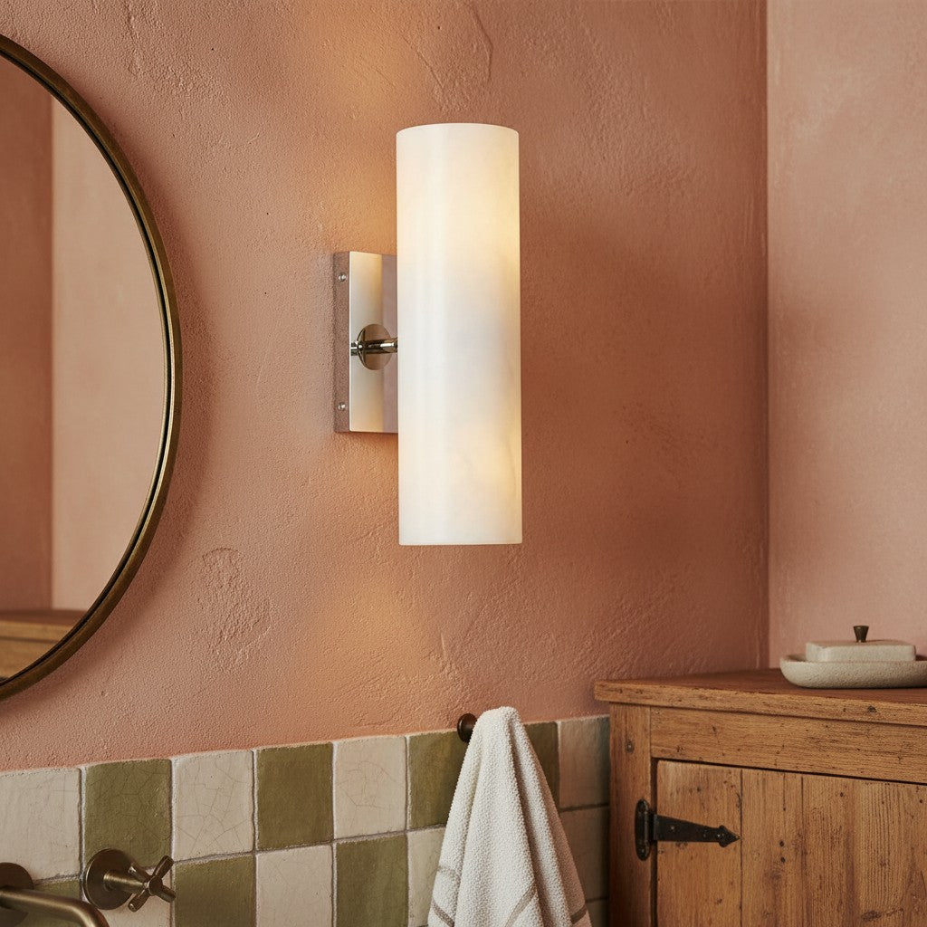 Cylindrical Wall Lamp with Natural Alabaster or Ribbed Glass Shade Bronze Nickel Brass - Lamylie