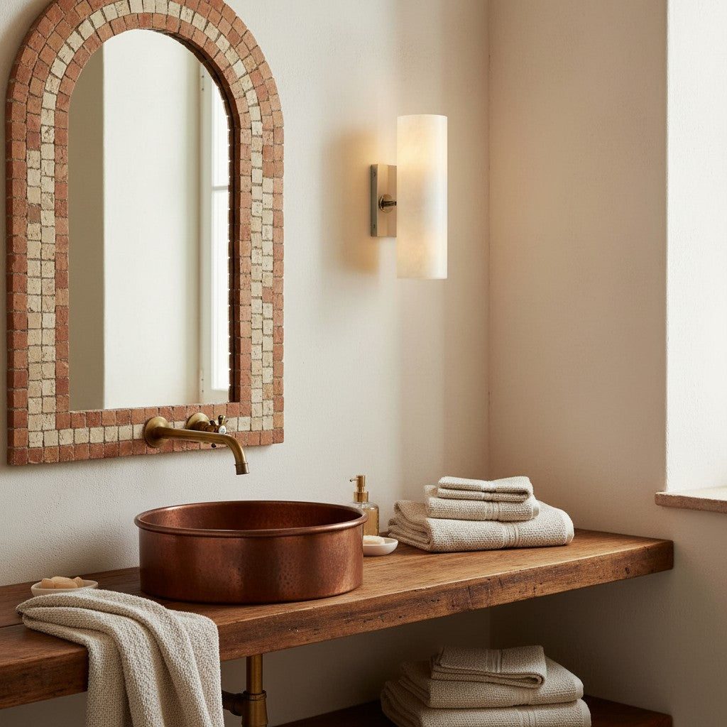 Cylindrical Wall Lamp with Natural Alabaster or Ribbed Glass Shade Bronze Nickel Brass - Lamylie