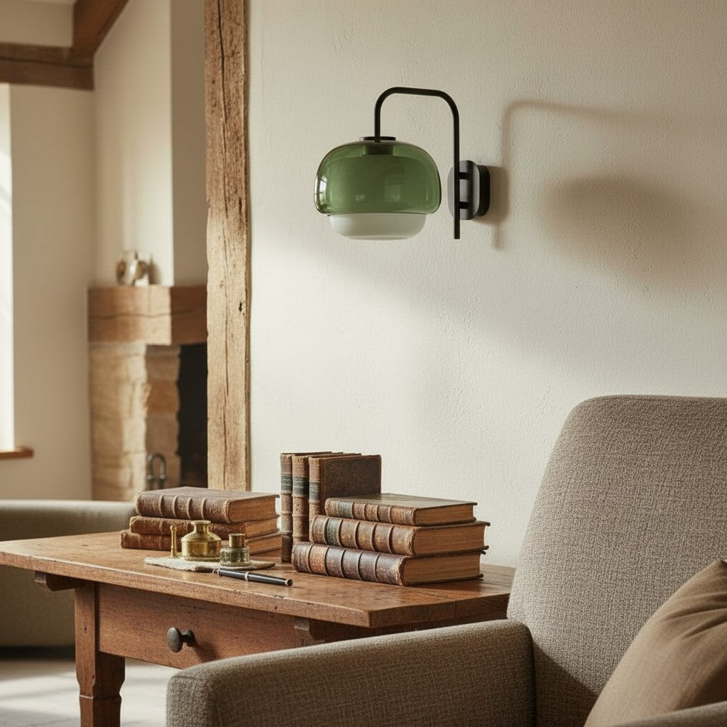 Colored Glass Wall Lamp with Round Shade | Green, Pink, Orange | Modern LED Lighting - Lamylie