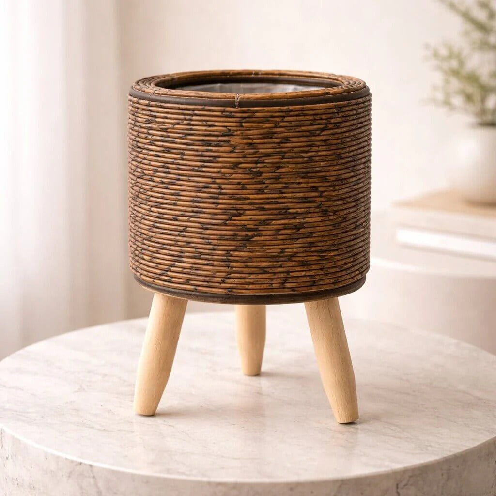 Pot pour plantes avec support en bois | Texture de panier tressé | Convient à l’intérieur comme à l’extérieur | Plantara - Lamylie