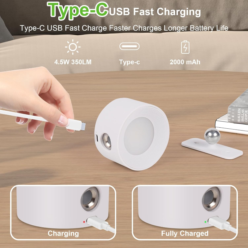 Rechargeable LED Wall Lamp with 360° Rotatable Head – Touch Sensor, Wire-Free Installation - Lamylie