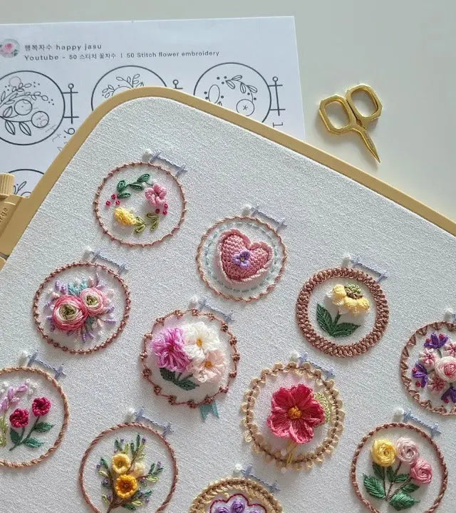 Kit de Bordado com 12 Designs Florais | Conjunto Completo | Pronto a Utilizar | NeedleNest - Lamylie