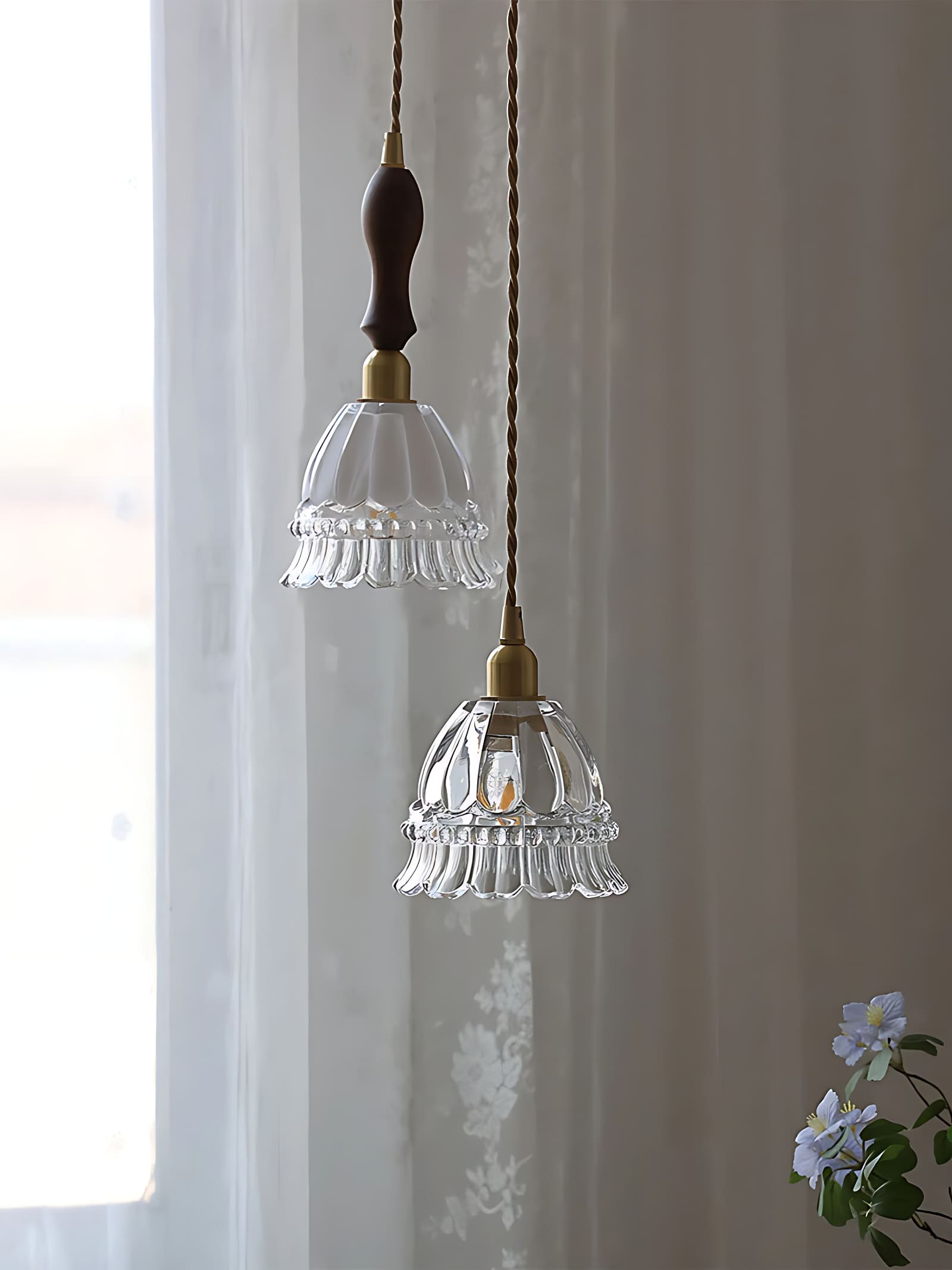 French Country Pendant Lamp Glass Shade Jellyfish Design Transparent or Amber with Walnut Handle Ambient Lighting Dining Room Elegant Ceiling Lamp - Lamylie