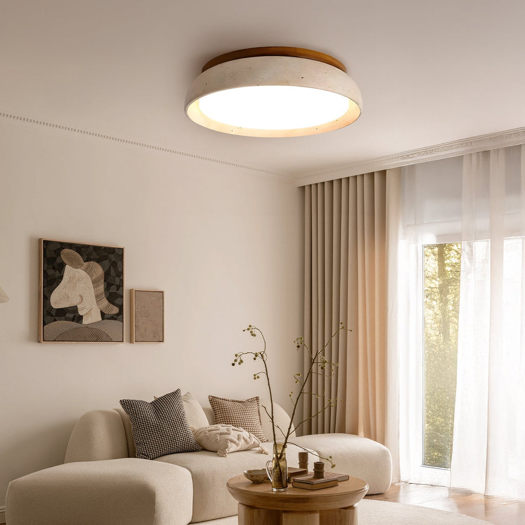 Scandinavian Ceiling Lamp Travertine with Wood Accent — Modern Round Surface-Mounted Spot Natural Stone and Acrylic Built-in LED Lighting Warm White 3000K Bedroom Hallway Entrance Living Room — Ø 30 cm × H 7 cm - Lamylie