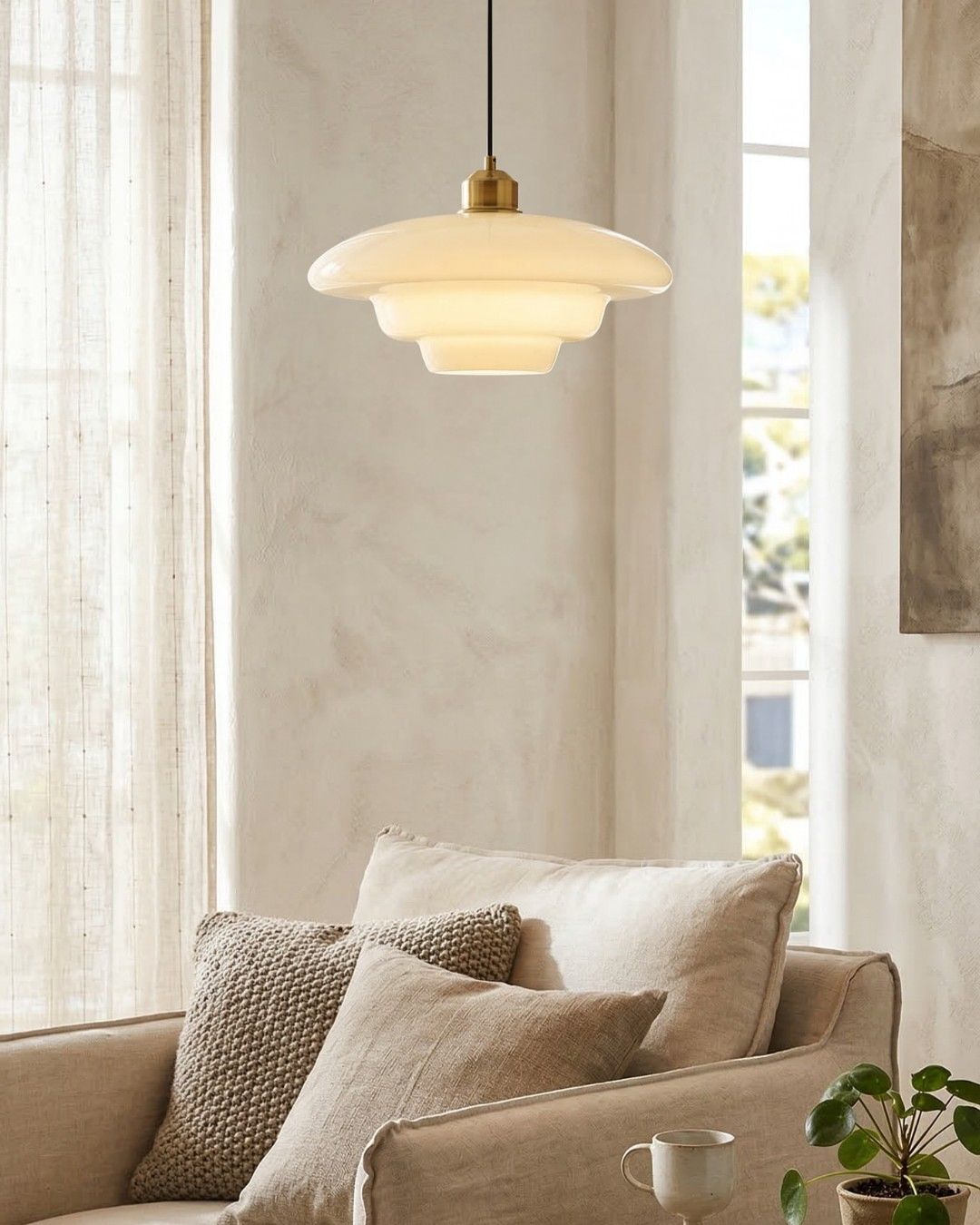 TINA Pendant Lamp | Mid-Century Milk White Glass with Brushed Brass | Modern Dining & Kitchen Lighting | Adjustable | E27 Socket - Lamylie