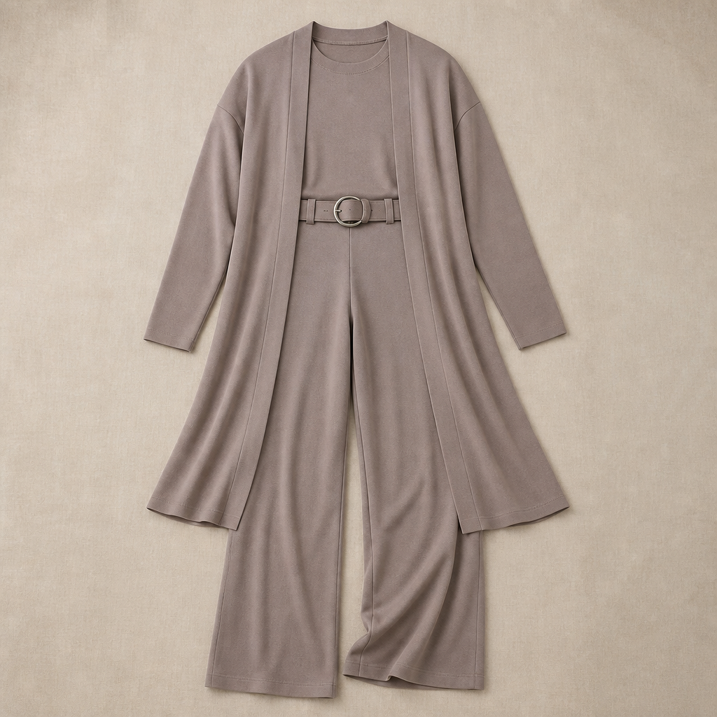 elegant 3-piece set featuring long cardigan, top, and pants 3 - Lamylie