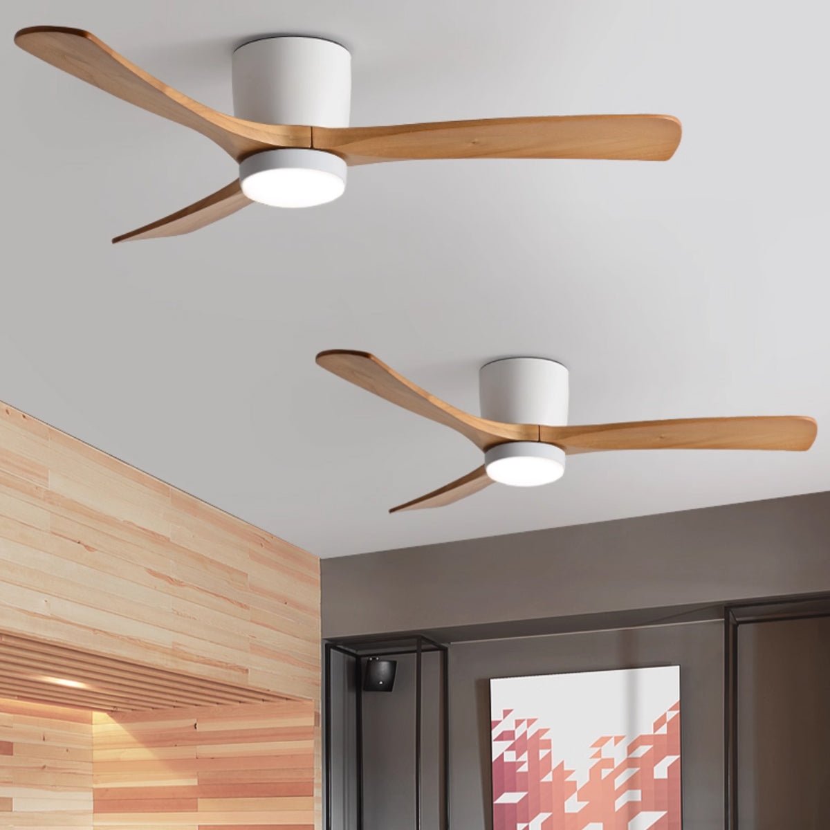 Ventilateur de plafond avec éclairage, design scandinave en bois, 106/122/132 cm, à intensité variable avec télécommande, ventilateur de plafond avec lampe LED, pales en bois, salon, chambre, salle à manger – Lamylie