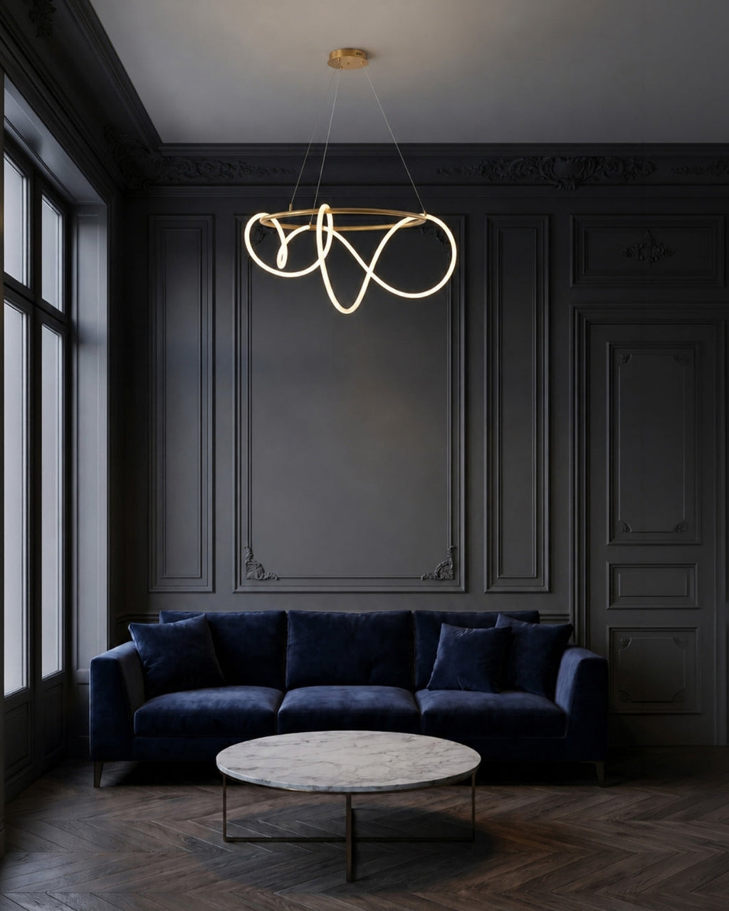 LED Design Pendelleuchte mit schwarzer Satin-Metallkordelstruktur 100 cm Dimmbar Warmweiß Modernes Interieur Esszimmer Kücheninsel - Lamylie