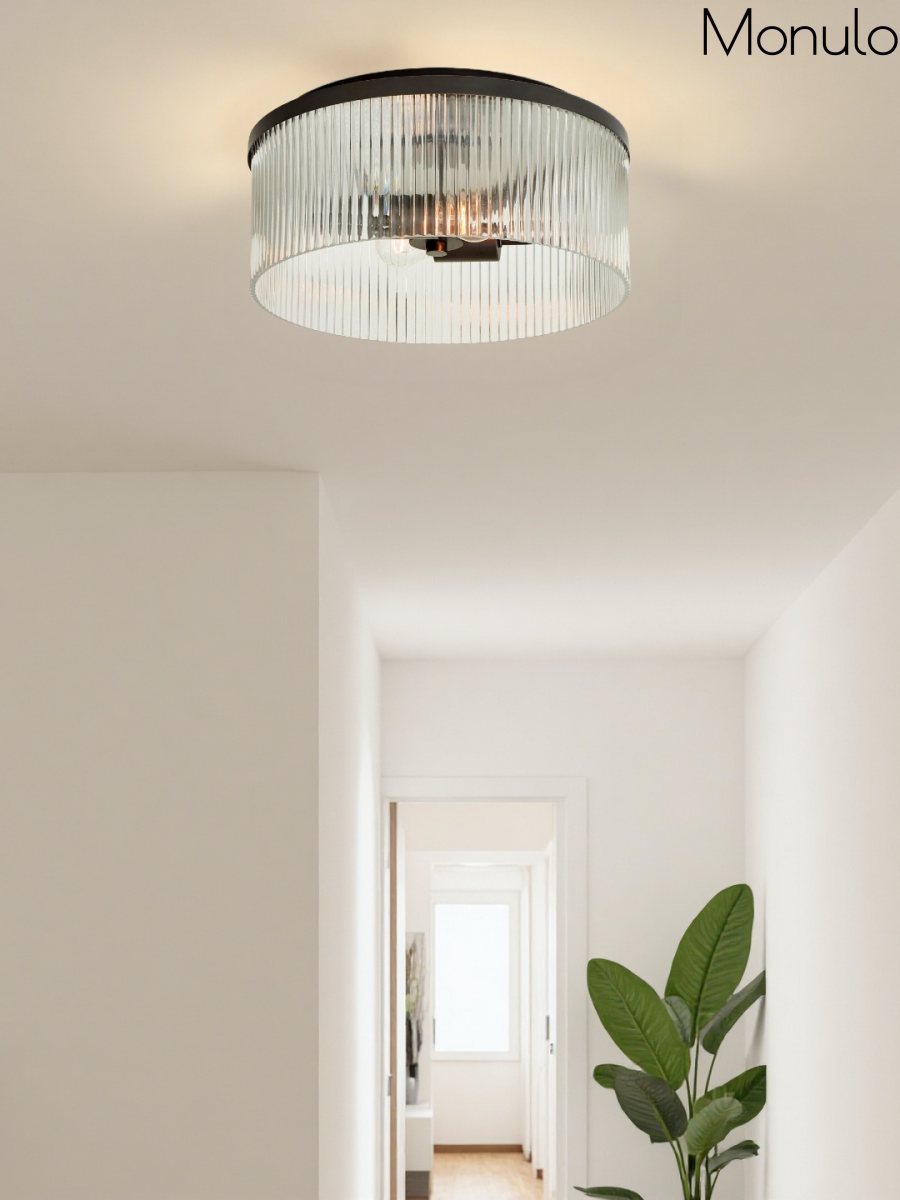 Ribbed Glass Ceiling Lamp Modern Low-Profile Design Bedroom Living Room Hall - Lamylie