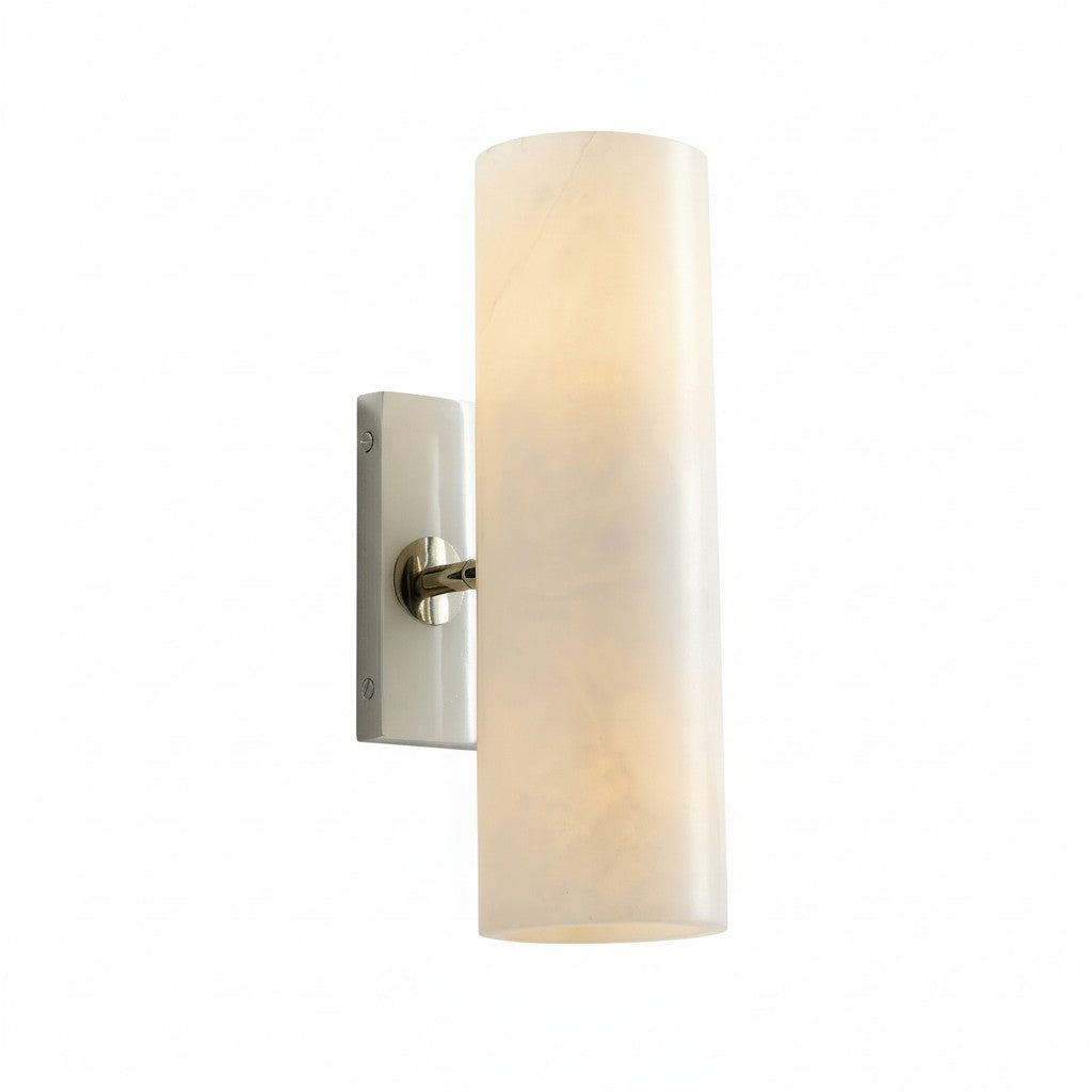 Cylindrical Wall Lamp with Natural Alabaster or Ribbed Glass Shade Bronze Nickel Brass - Lamylie