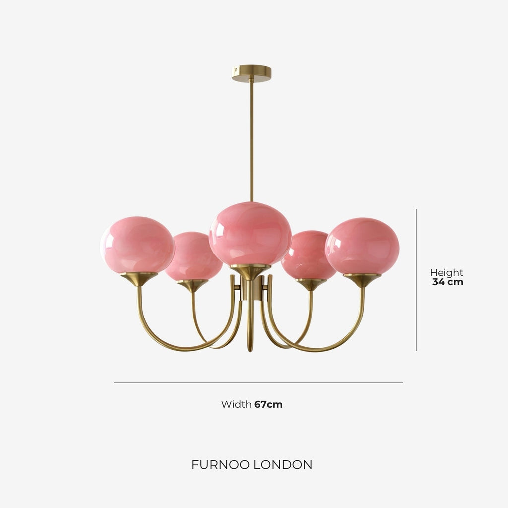 Mid-Century Glass Chandelier with Globe Shades and Polished Metal Finish | Available in Copper and Chrome with Colored Glass | 3 or 5 Arms with Adjustable Rod System - Lamylie