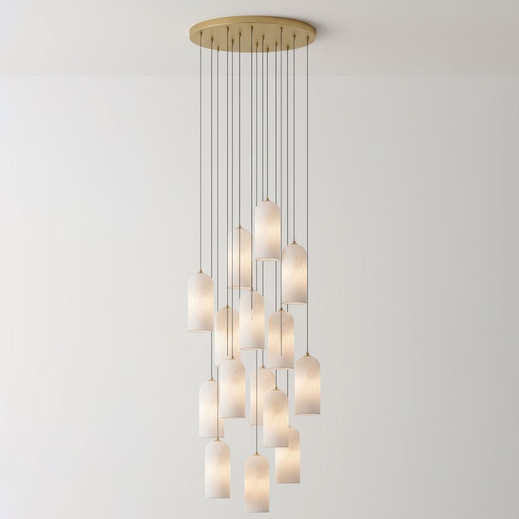 Alabaster Pendant Lamp with Braided Cord | Natural Stone Lighting from Single Light to 21-Light Cluster | Mid-Century Modern Style Dining Room Pendant Lamp with E12/E14 Fitting - Lamylie
