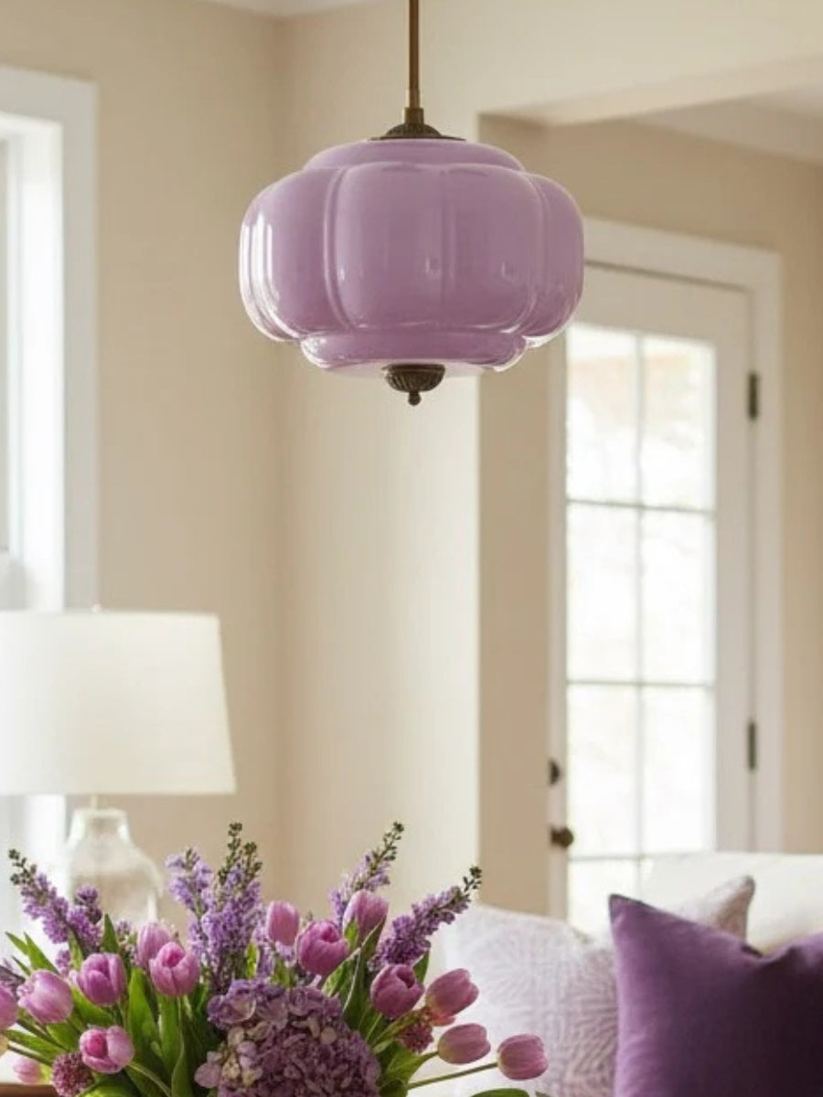 Vintage Milk Glass Ceiling Lamp Scalloped Edge White Pink Green Blue Clear Matte Glass Semi-Flush Pendant Lamp Brass Black Finish - Lamylie