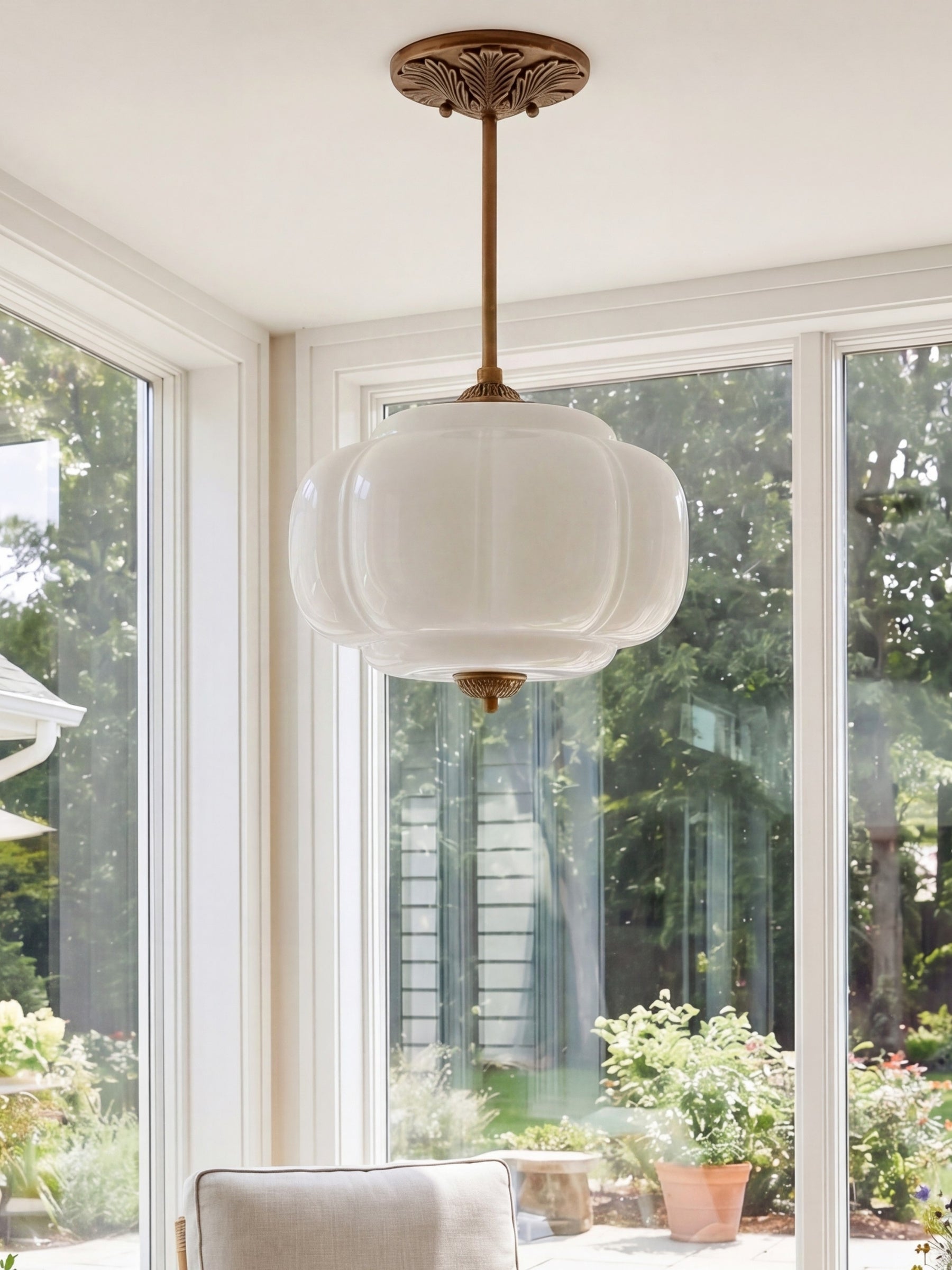 Vintage Milk Glass Ceiling Lamp Scalloped Edge White Pink Green Blue Clear Matte Glass Semi-Flush Pendant Lamp Brass Black Finish - Lamylie