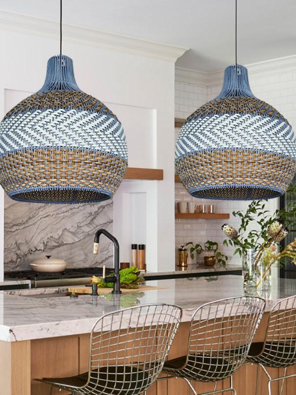 Handwoven Rattan Pendant Lamp Blue Vintage Shade Dining Room Kitchen Living Room Scandinavian Light Fixture - Lamylie