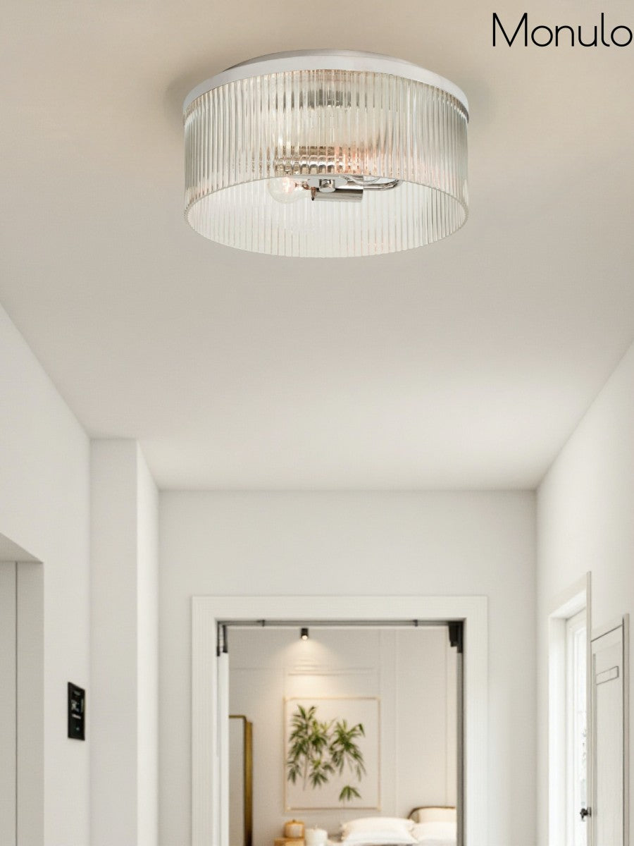 Ribbed Glass Ceiling Lamp Modern Low-Profile Design Bedroom Living Room Hall - Lamylie