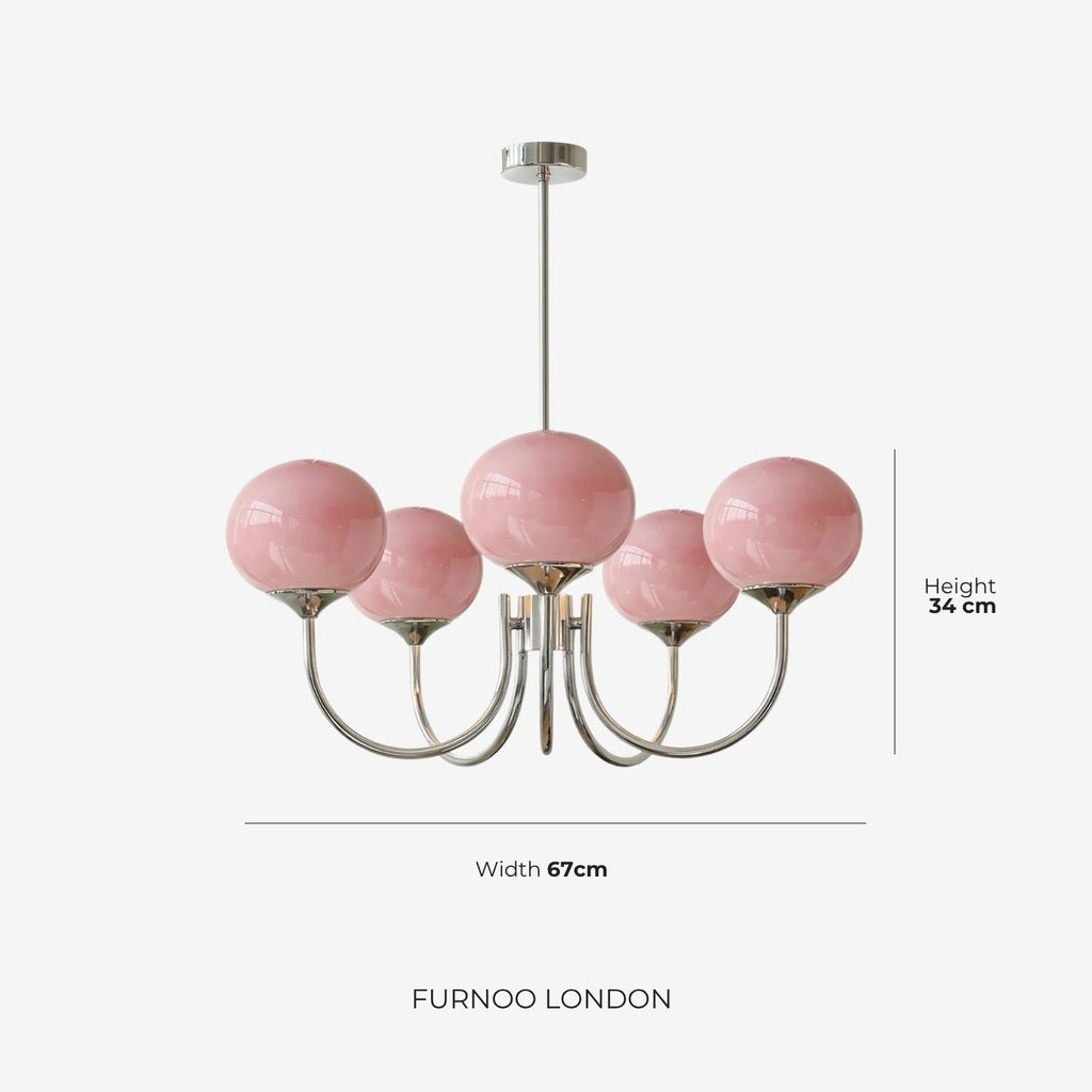 Mid-Century Glass Chandelier with Globe Shades and Polished Metal Finish | Available in Copper and Chrome with Colored Glass | 3 or 5 Arms with Adjustable Rod System - Lamylie