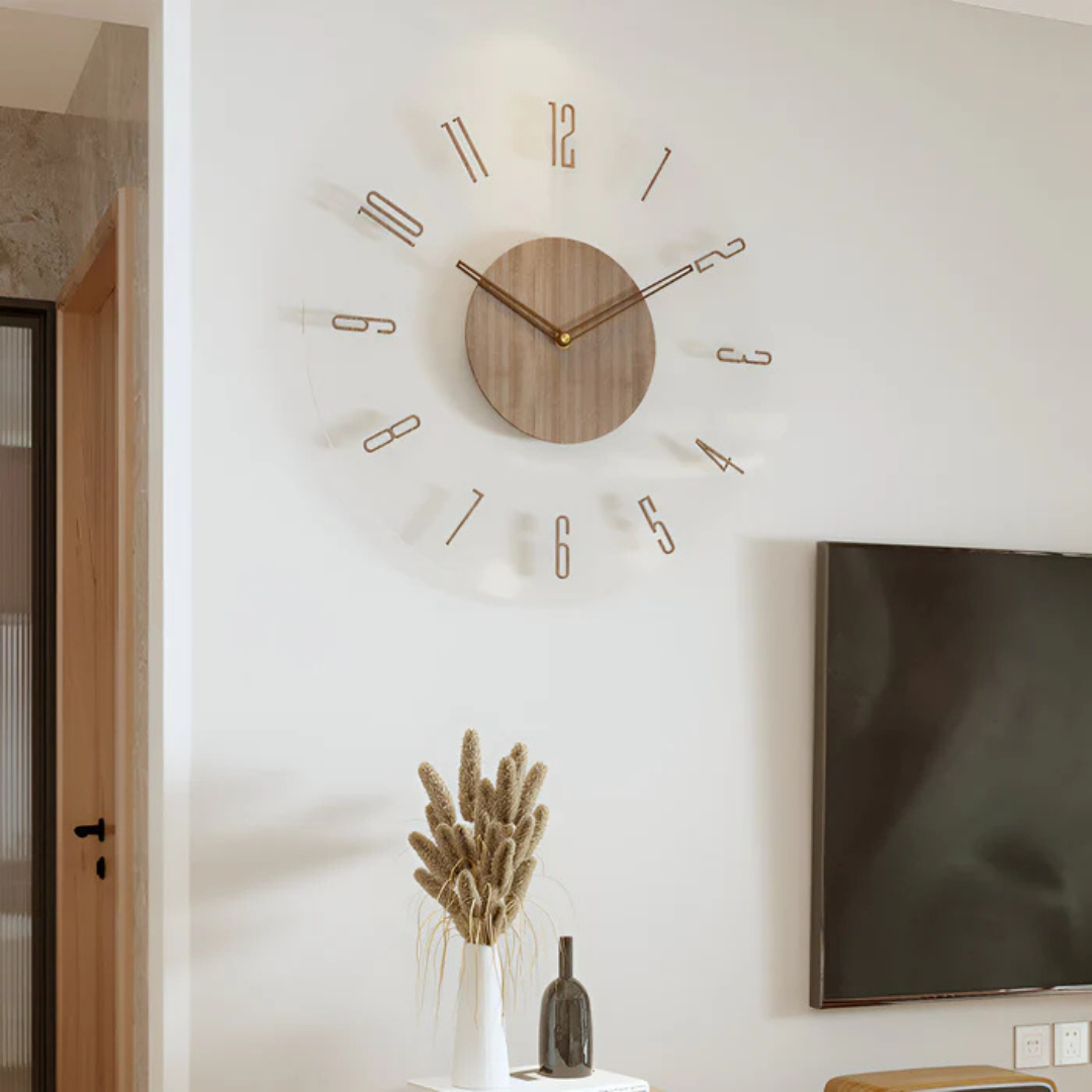 Väggklocka i akryl och trä Ø30 cm | Tyst urverk, modern tidsvisning, skandinavisk stil för vardagsrum, kök och kontor – Lamylie