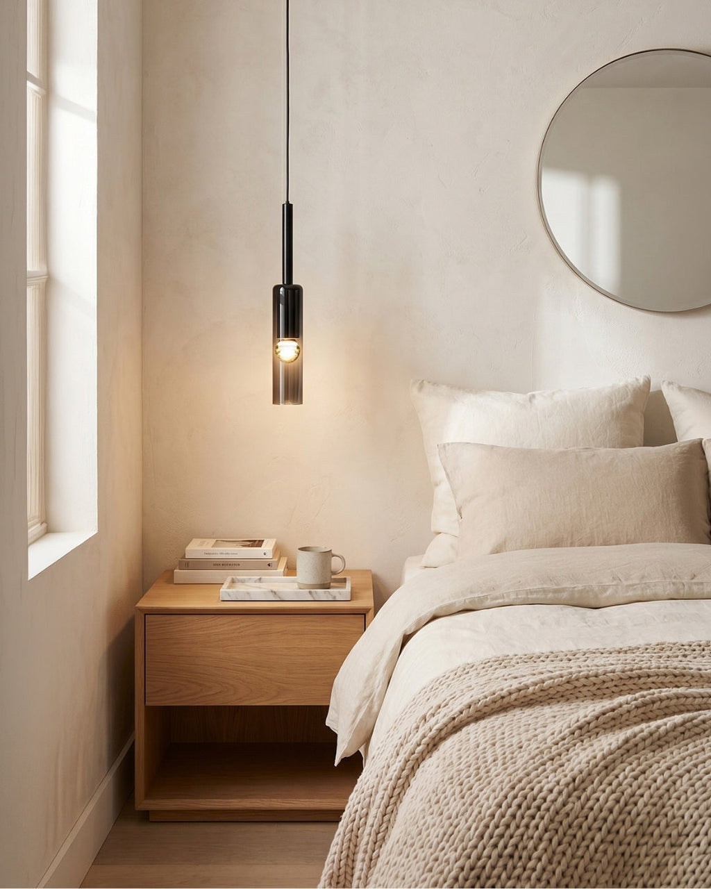 Smoked Glass Pendant Lamp with Minimalist Metal Structure | Modern Ambient Lighting for Dining Room, Bedroom, and Living Room - Lamylie