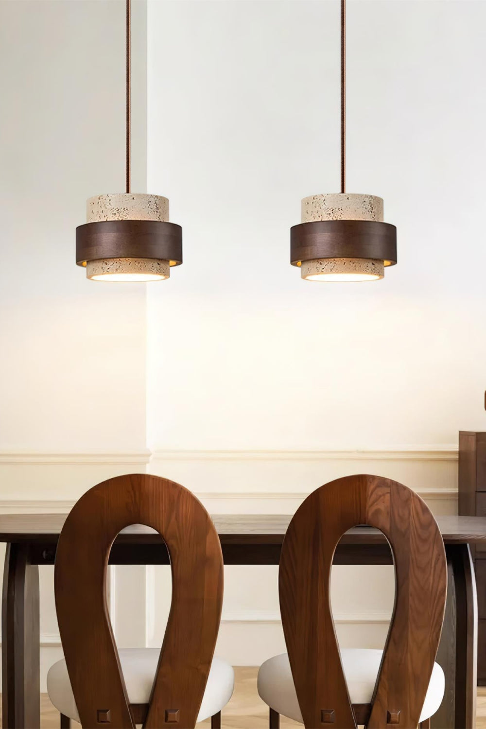 Holzpendelleuchte mit Travertin-Finish | Organische Lichtquelle für Esszimmer und Wohnzimmer - Lamylie