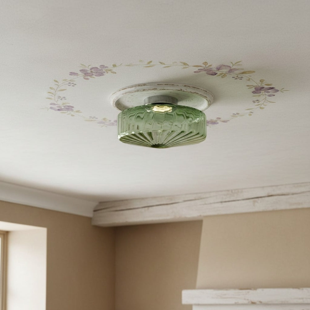 Vintage Ribbed Glass Ceiling Lamp Green | Classic Lighting for Dining Room, Entrance & Hallway - Lamylie