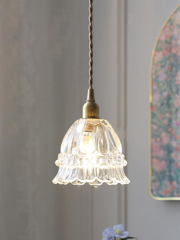 Französische Landhaus-Pendelleuchte Glasschirm Quallen-Design Transparent oder Bernstein mit Walnussgriff Ambientebeleuchtung Esszimmer Elegante Deckenlampe - Lamylie