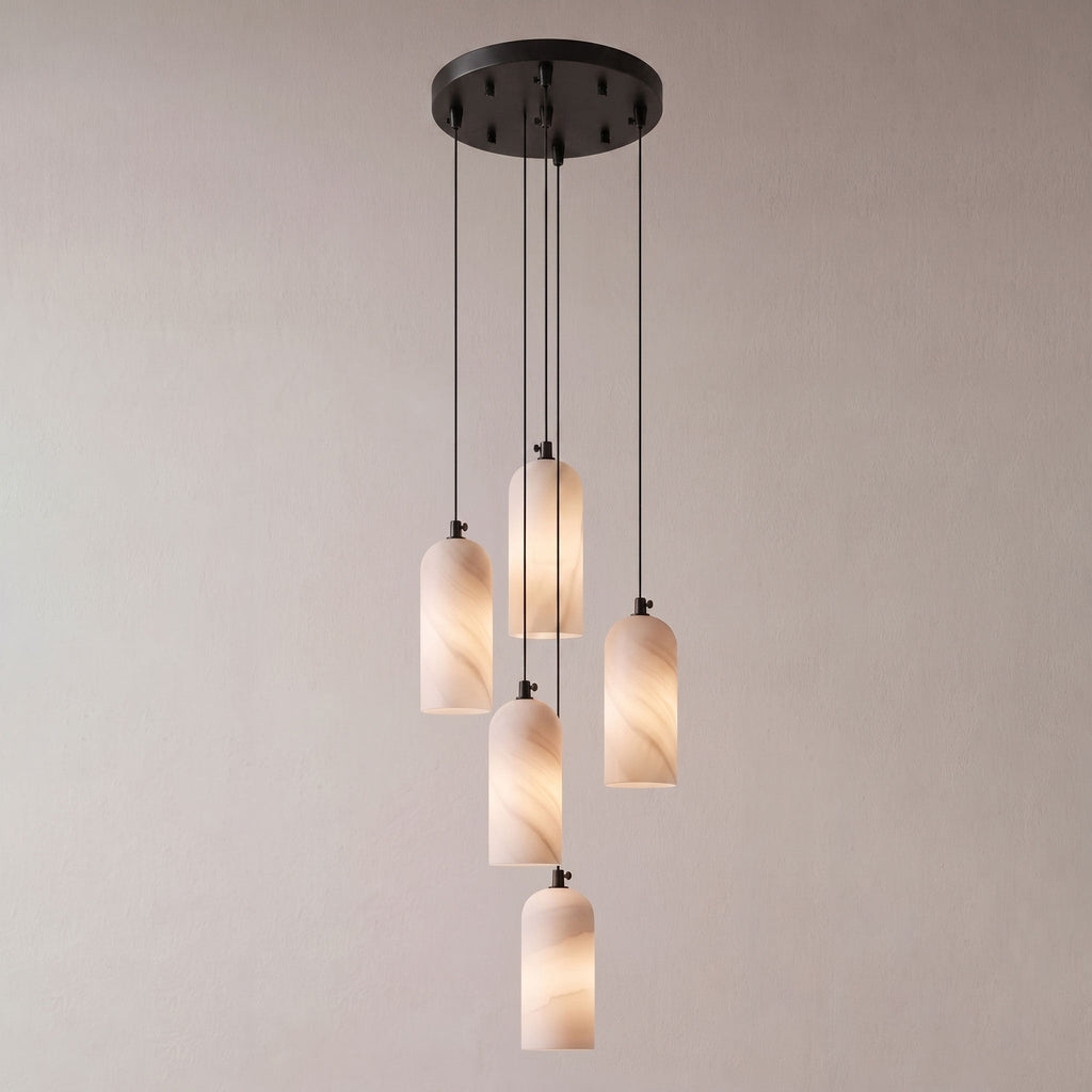 Alabaster Pendant Lamp with Braided Cord | Natural Stone Lighting from Single Light to 21-Light Cluster | Mid-Century Modern Style Dining Room Pendant Lamp with E12/E14 Fitting - Lamylie