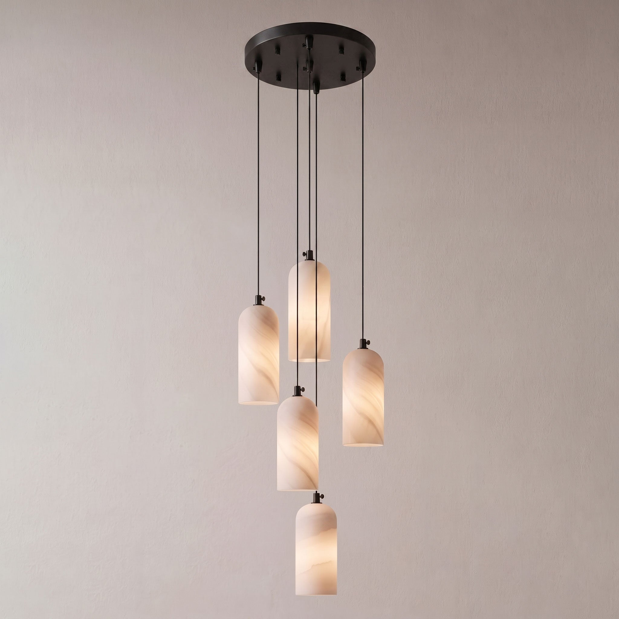 Alabaster Pendant Lamp with Braided Cord | Natural Stone Lighting from Single Light to 21-Light Cluster | Mid-Century Modern Style Dining Room Pendant Lamp with E12/E14 Fitting - Lamylie