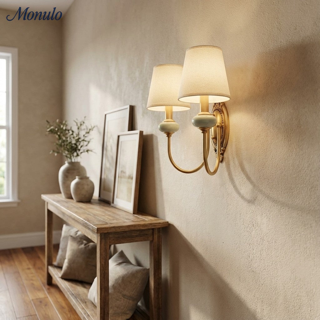 Ceramic Wall Lamp with Fabric Shade - 1 or 2 Light Points - E27 - Various Colors & Styles - Lamylie