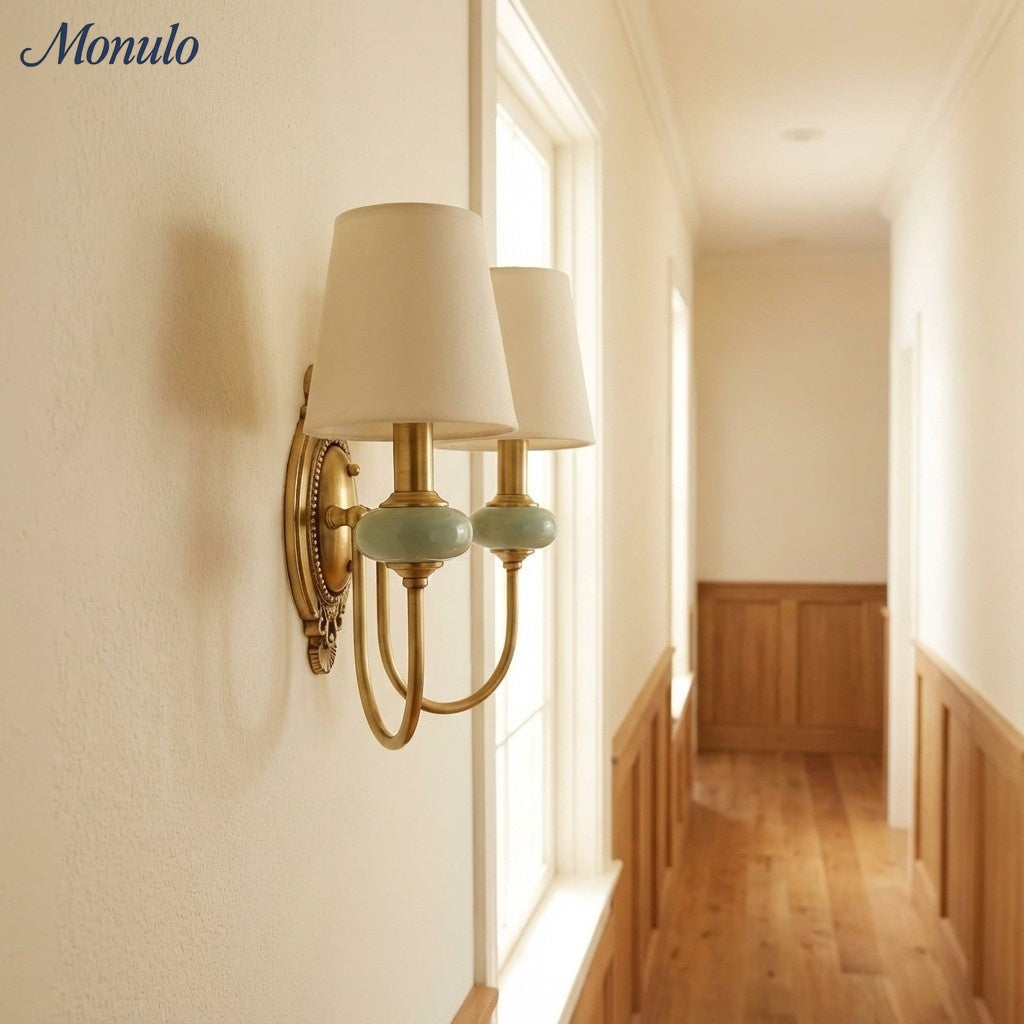 Ceramic Wall Lamp with Fabric Shade - 1 or 2 Light Points - E27 - Various Colors & Styles - Lamylie