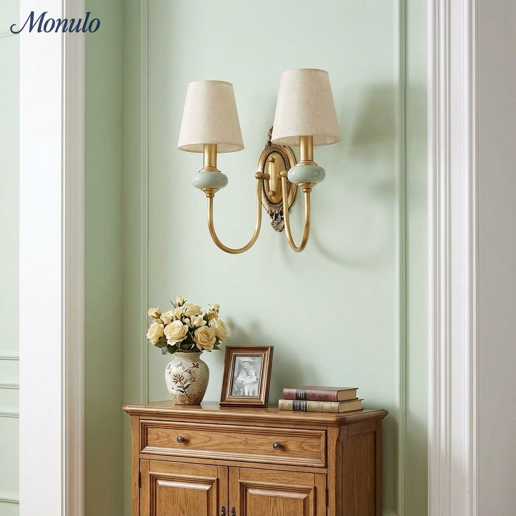 Ceramic Wall Lamp with Fabric Shade - 1 or 2 Light Points - E27 - Various Colors & Styles - Lamylie
