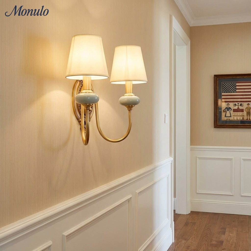Ceramic Wall Lamp with Fabric Shade - 1 or 2 Light Points - E27 - Various Colors & Styles - Lamylie