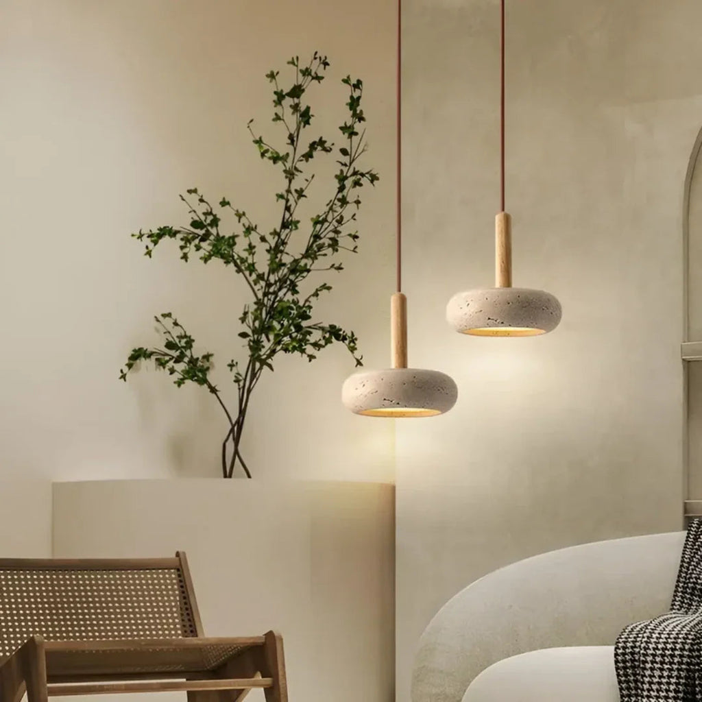 Travertine Hanging Light with Wooden Accent – Adjustable Cord, Warm Glow - Lamylie