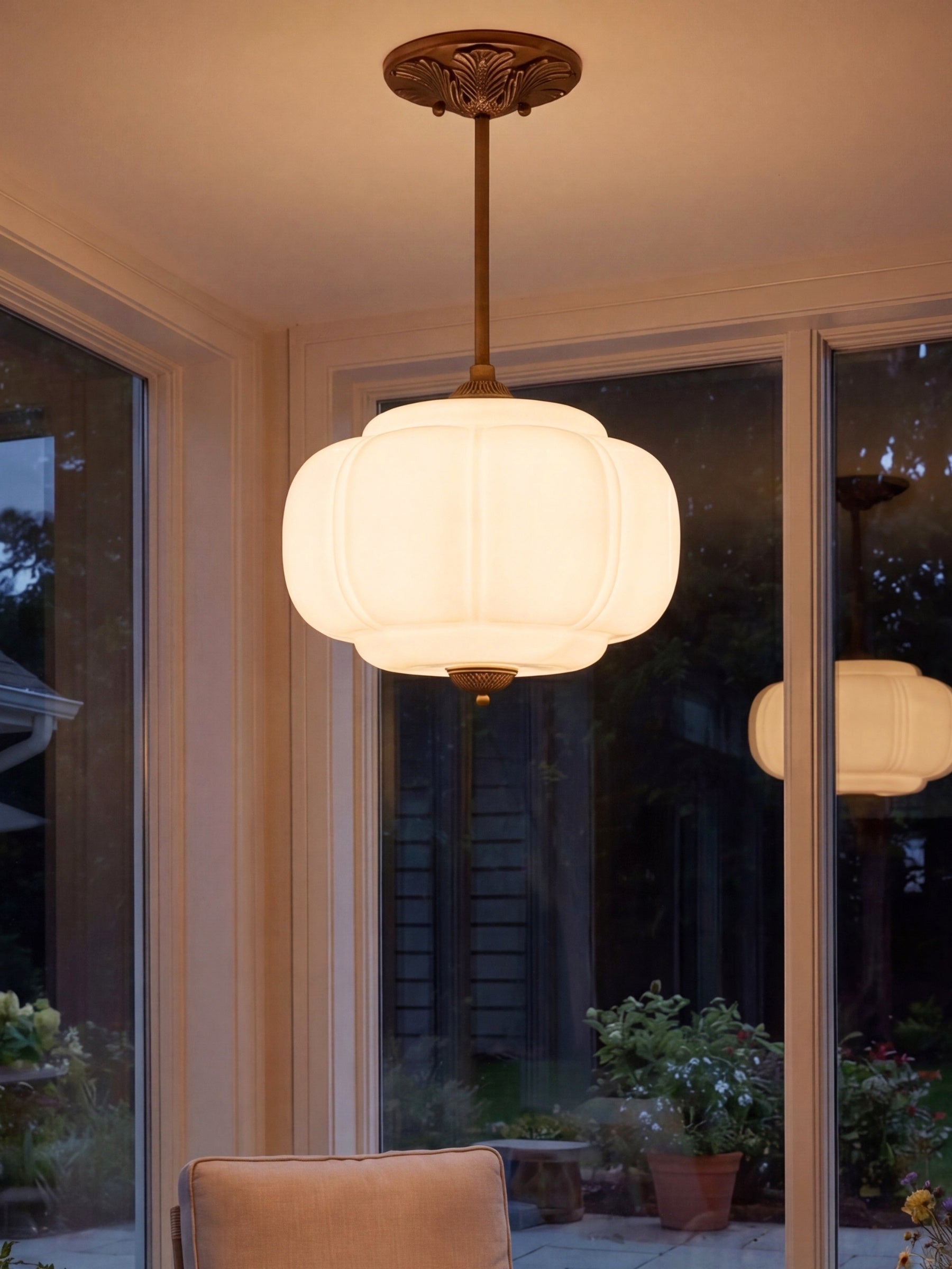 Vintage Milk Glass Ceiling Lamp Scalloped Edge White Pink Green Blue Clear Matte Glass Semi-Flush Pendant Lamp Brass Black Finish - Lamylie
