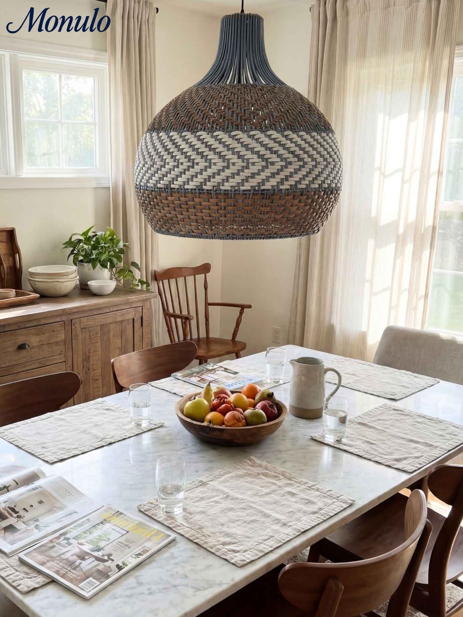 Handwoven Rattan Pendant Lamp Blue Vintage Shade Dining Room Kitchen Living Room Scandinavian Light Fixture - Lamylie