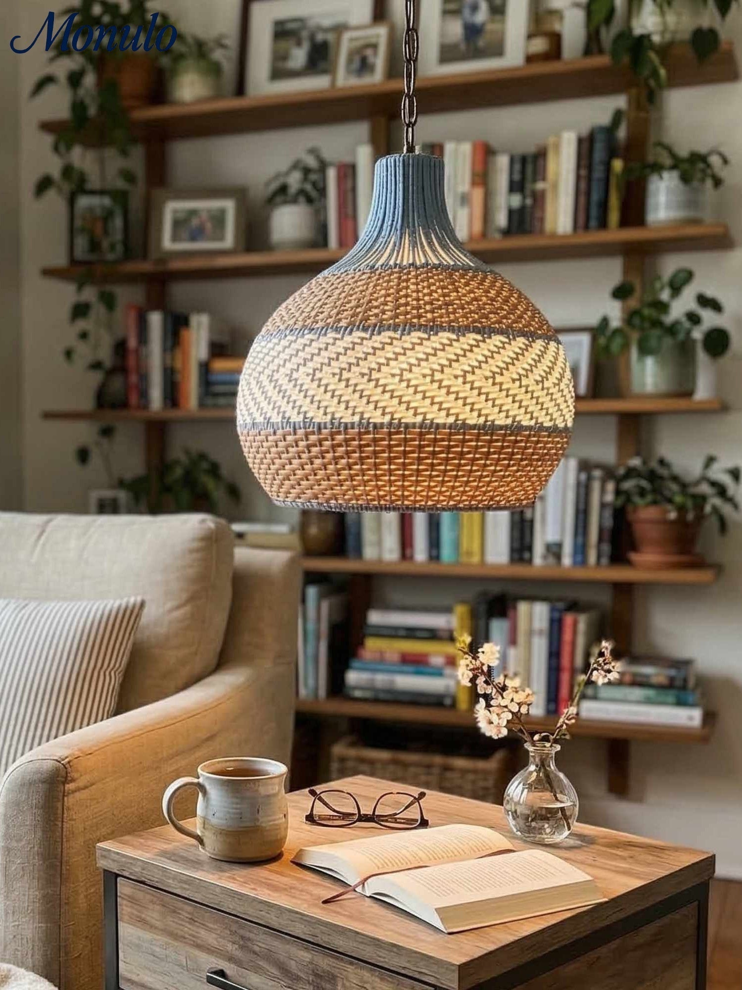 Handwoven Rattan Pendant Lamp Blue Vintage Shade Dining Room Kitchen Living Room Scandinavian Light Fixture - Lamylie