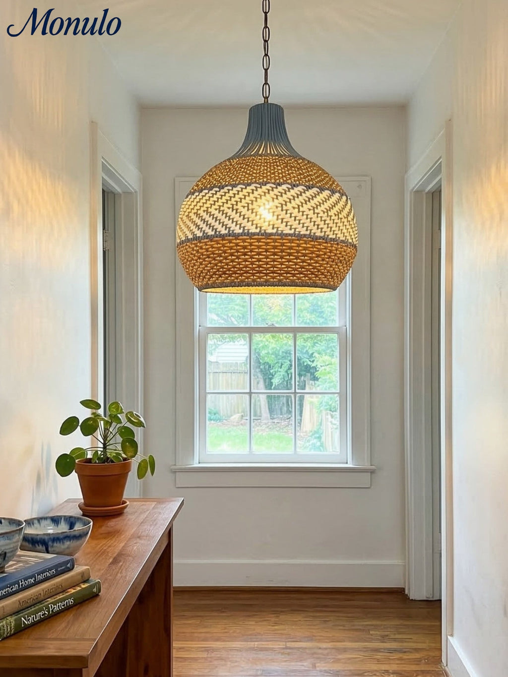 Handwoven Rattan Pendant Lamp Blue Vintage Shade Dining Room Kitchen Living Room Scandinavian Light Fixture - Lamylie