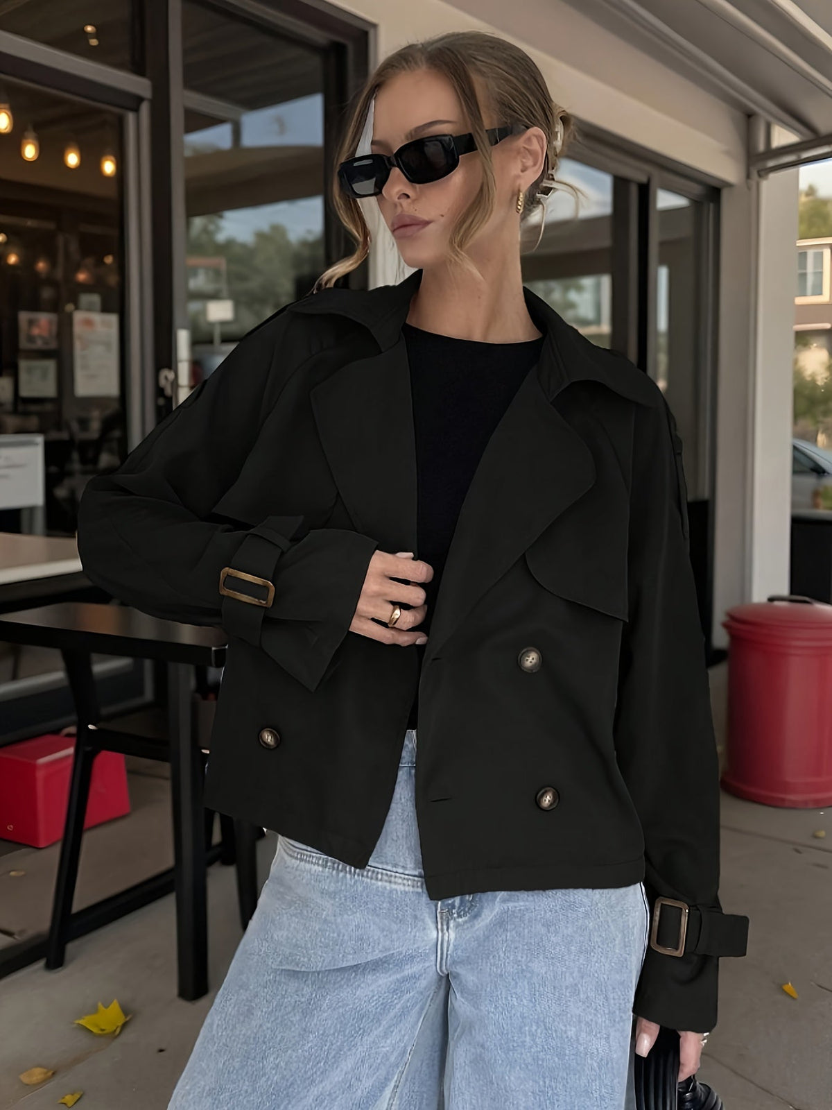 Kurzer Trenchcoat für Damen in uni – Verstellbarer Knopf-Kordelzug, klare Silhouette