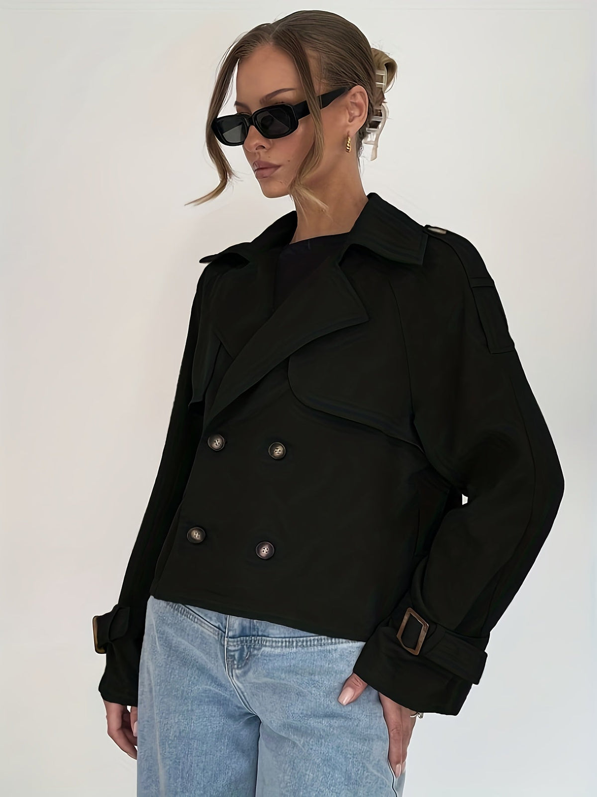 Kurzer Trenchcoat für Damen in uni – Verstellbarer Knopf-Kordelzug, klare Silhouette