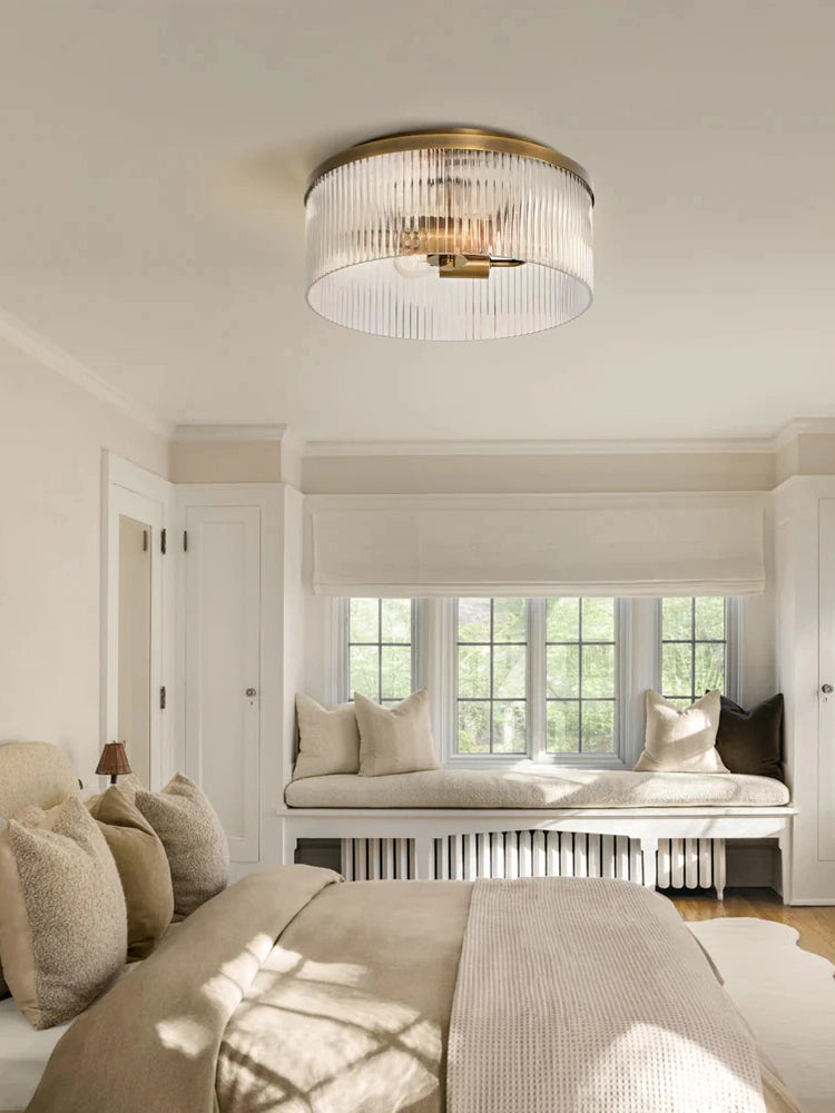 Ribbed Glass Ceiling Lamp Modern Low-Profile Design Bedroom Living Room Hall - Lamylie