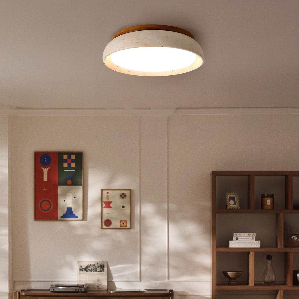 Scandinavian Ceiling Lamp Travertine with Wood Accent — Modern Round Surface-Mounted Spot Natural Stone and Acrylic Built-in LED Lighting Warm White 3000K Bedroom Hallway Entrance Living Room — Ø 30 cm × H 7 cm - Lamylie