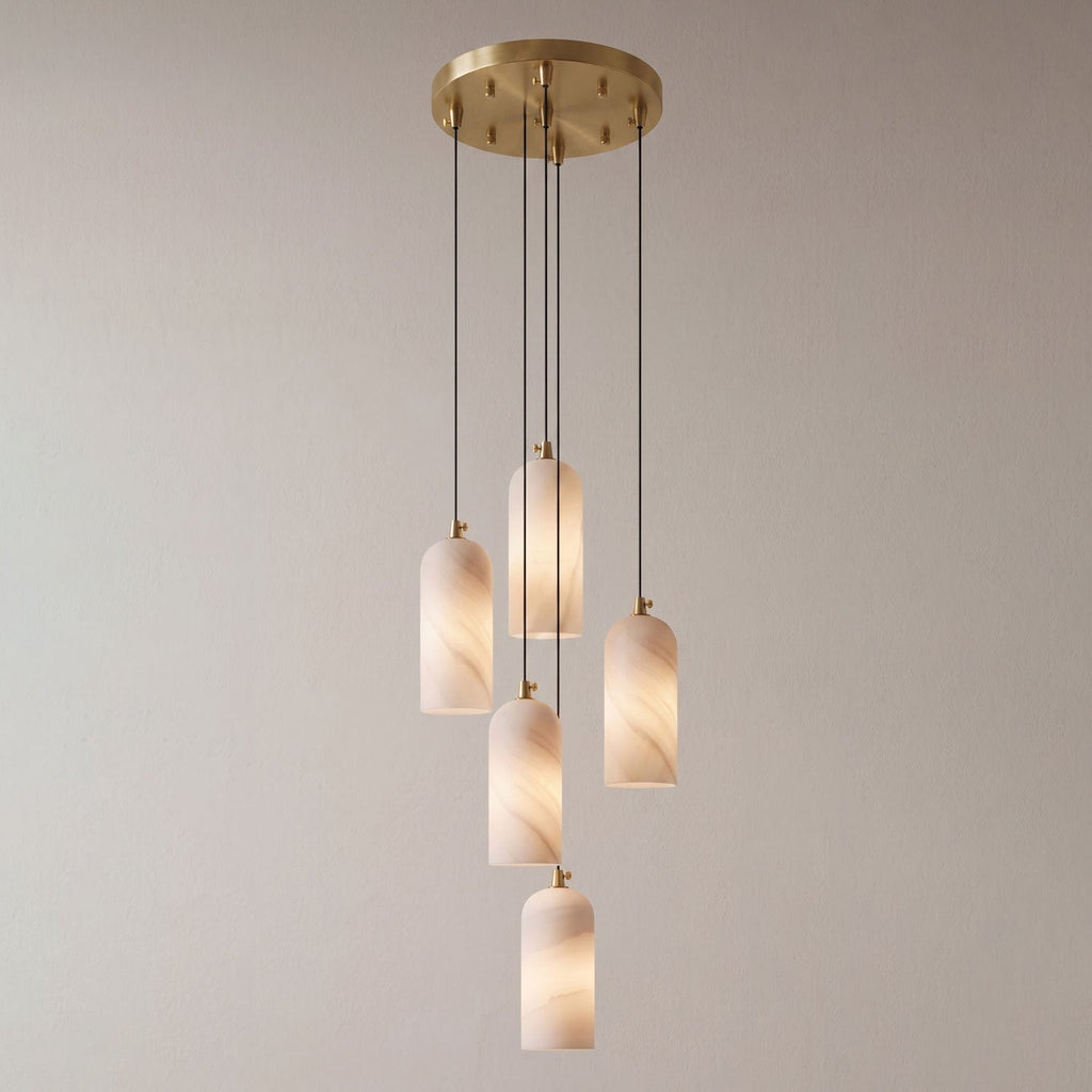 Alabaster Pendant Lamp with Braided Cord | Natural Stone Lighting from Single Light to 21-Light Cluster | Mid-Century Modern Style Dining Room Pendant Lamp with E12/E14 Fitting - Lamylie