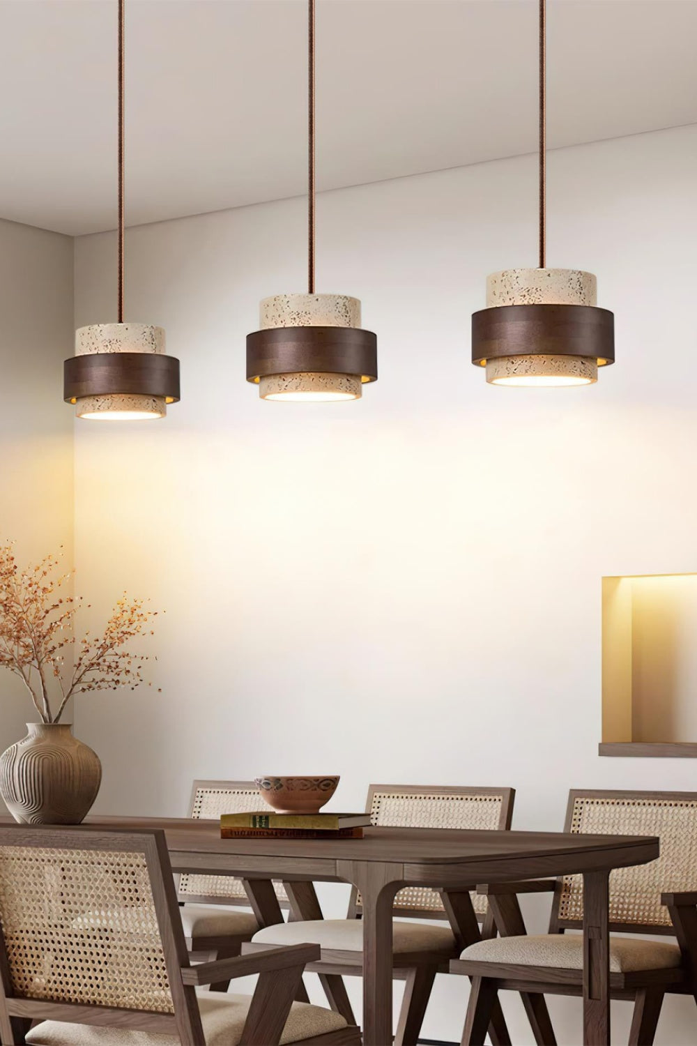 Holzpendelleuchte mit Travertin-Finish | Organische Lichtquelle für Esszimmer und Wohnzimmer - Lamylie