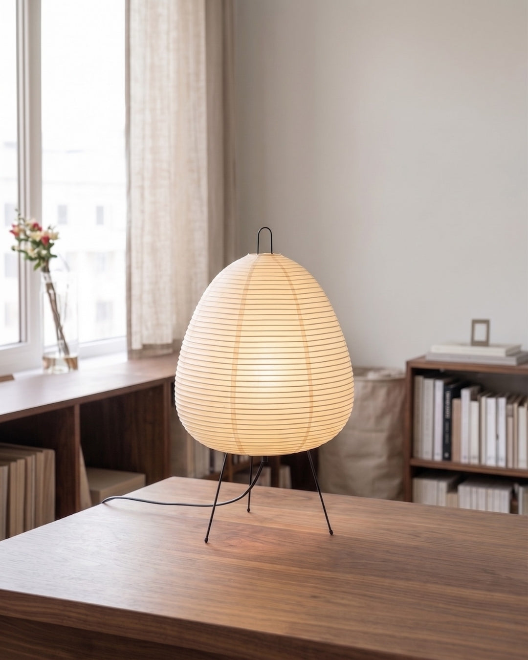 Japanese Table Lamp Sakura with Rice Paper & Tripod | Minimalist Design Warm White Light | Ø28cm H48cm - Lamylie