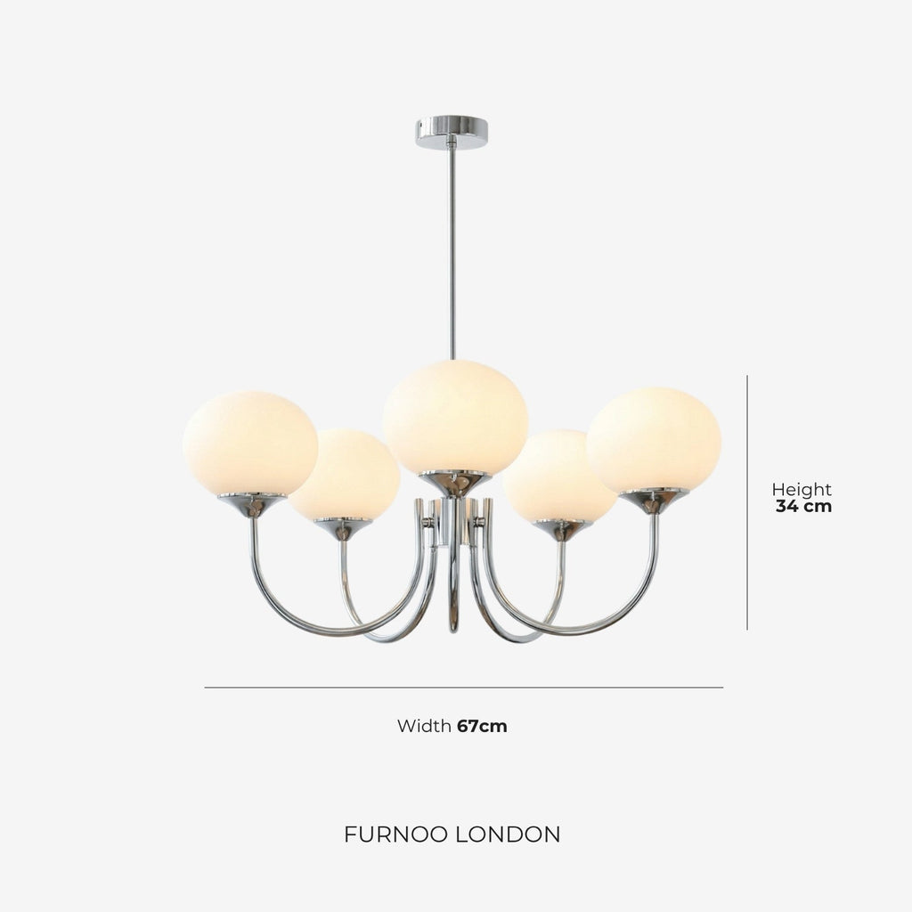 Mid-Century Glass Chandelier with Globe Shades and Polished Metal Finish | Available in Copper and Chrome with Colored Glass | 3 or 5 Arms with Adjustable Rod System - Lamylie