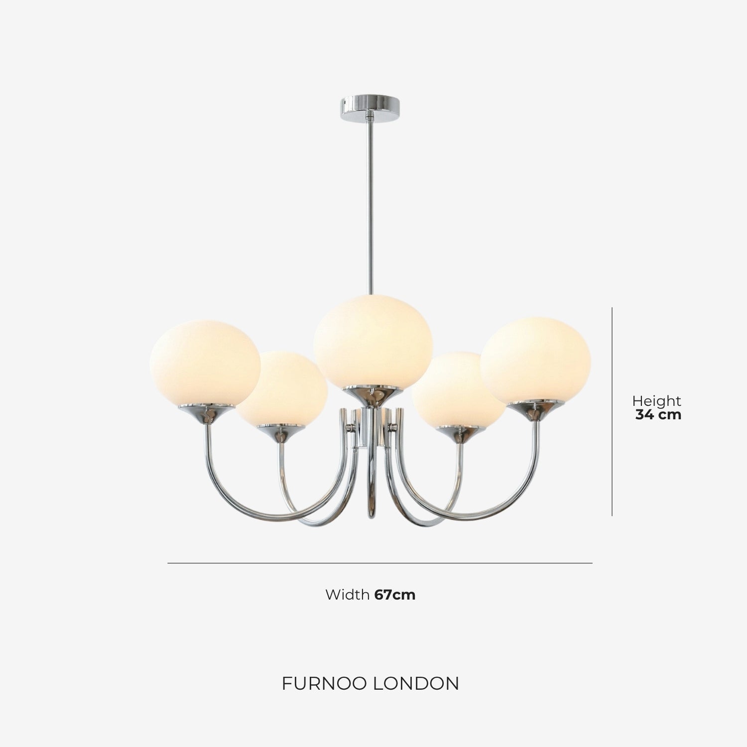 Mid-Century Glass Chandelier with Globe Shades and Polished Metal Finish | Available in Copper and Chrome with Colored Glass | 3 or 5 Arms with Adjustable Rod System - Lamylie